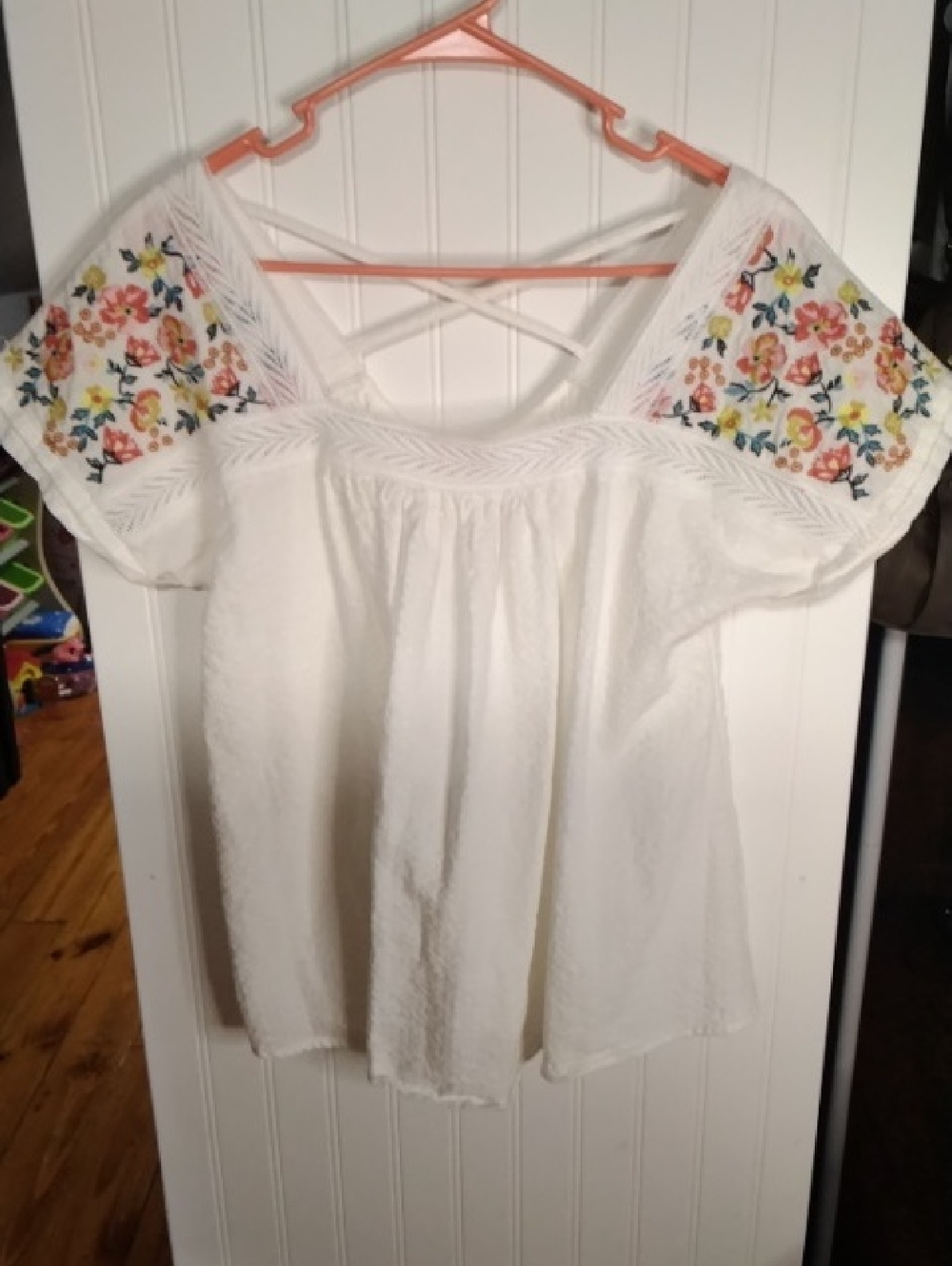 White Short-Sleeve Embroidered Peasant Blouse with Crisscross Back